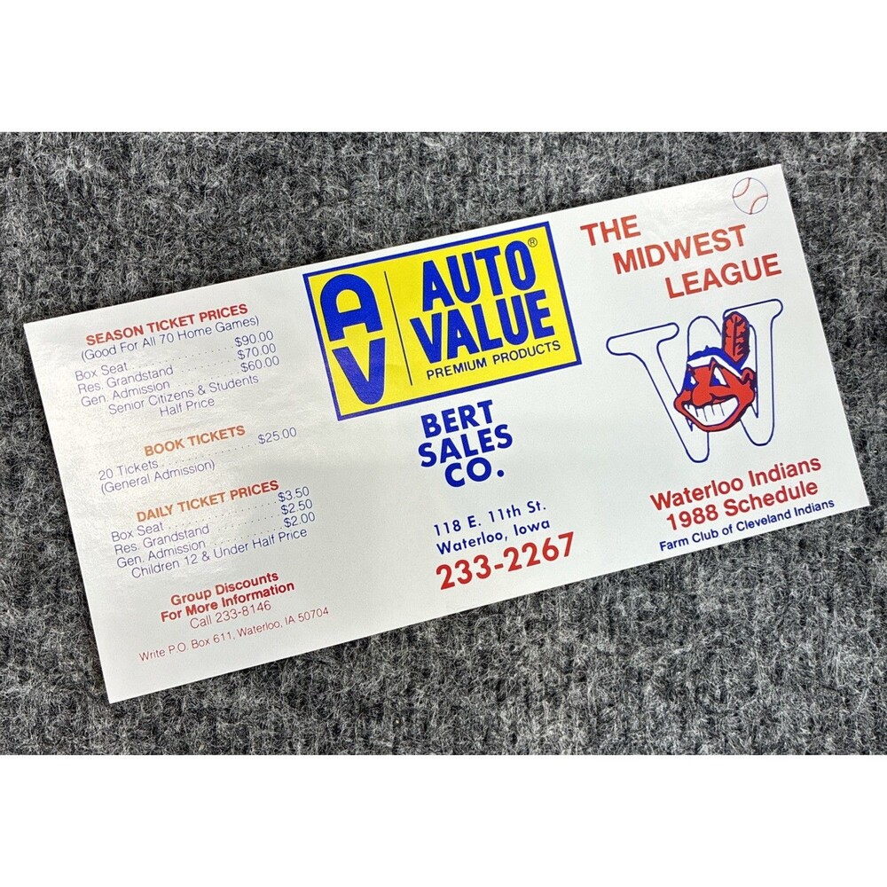 1988 Waterloo Indians Pocket Schedule Midwest League Cleveland Affiliate